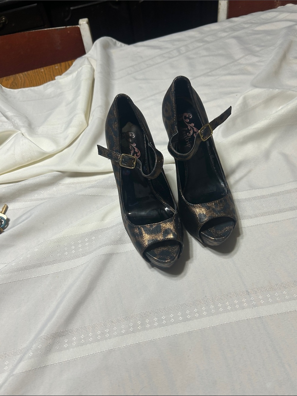Daytrip Black and Gold Mary Jane Peep-Toe Heels